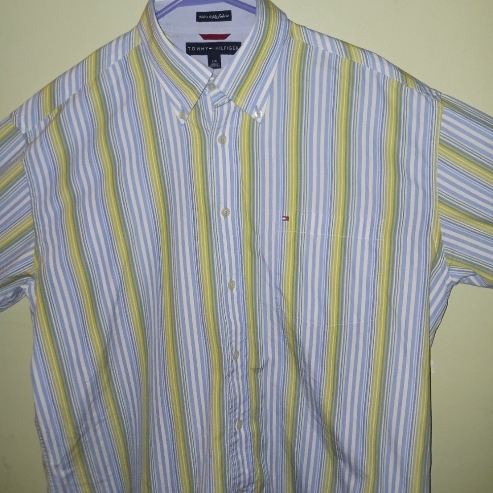 Tommy Hilfiger Blue and Yellow Casual Button Down Shirt